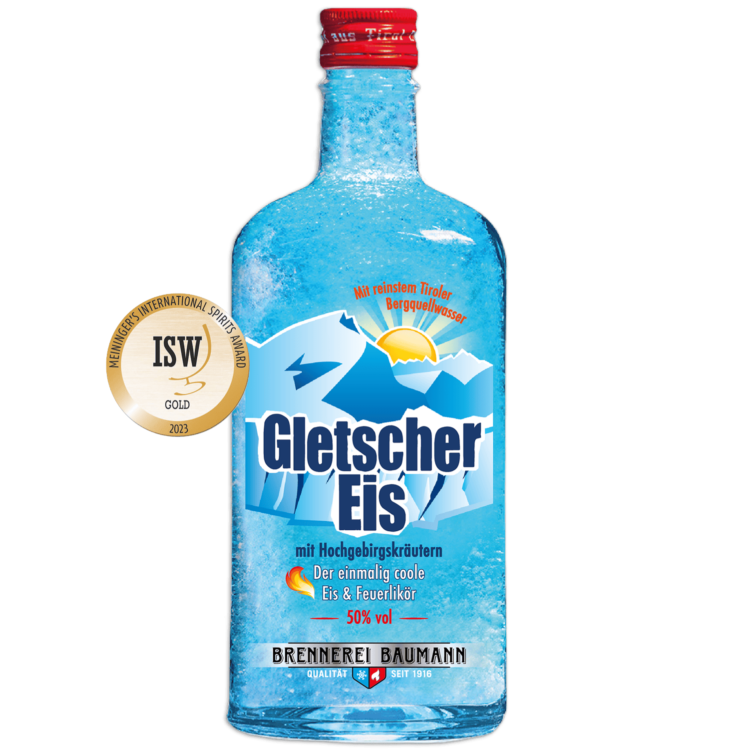 Gold award-winning Gletschereis fire liqueur from the Tyrolean distillery Baumann in a noble bottle