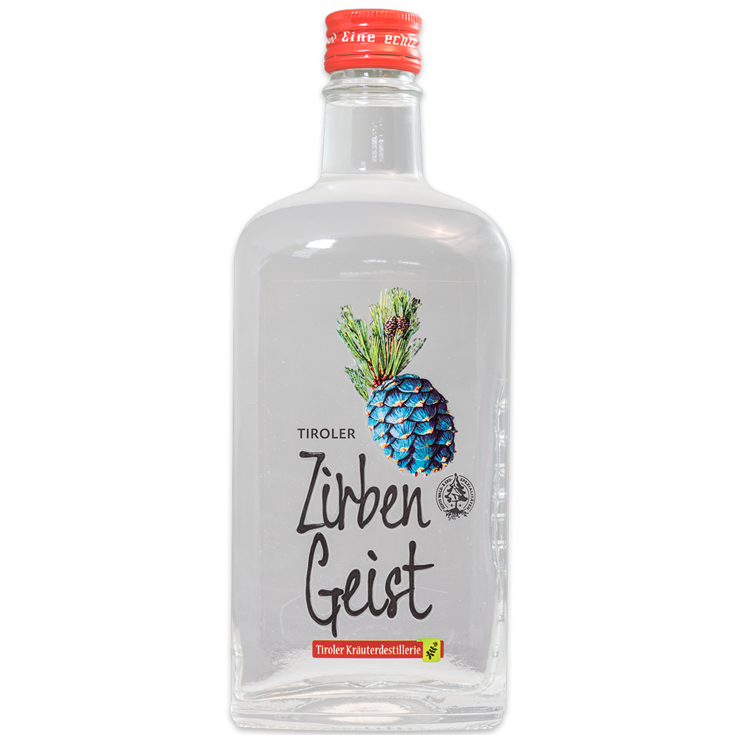 Ausgezeichneter Zirben Geist der Tiroler Kräuterdestillerie in edler Flasche