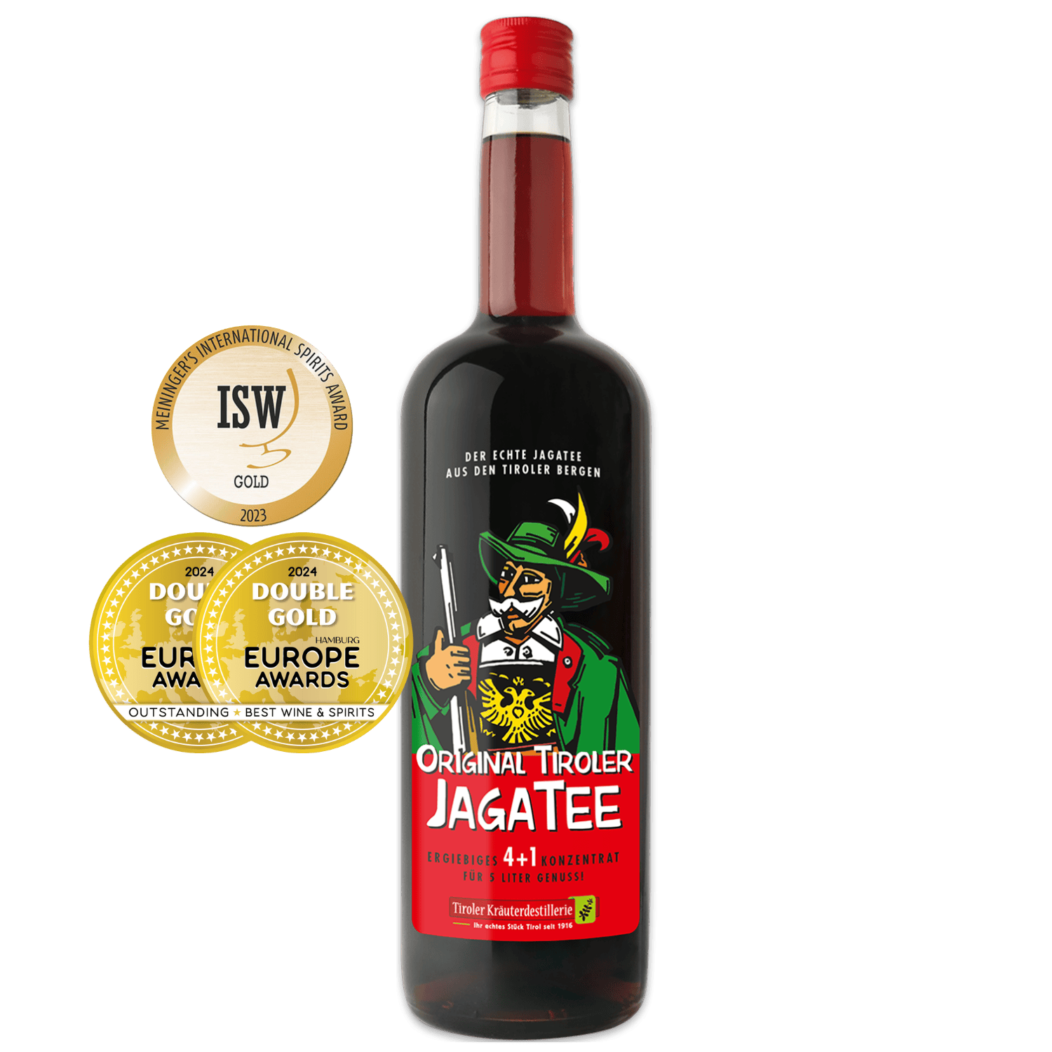 Mit Gold ausgezeichneter Jagatee Konzentrat der Tiroler Kräuterdestillerie in der 1 Liter Flasche