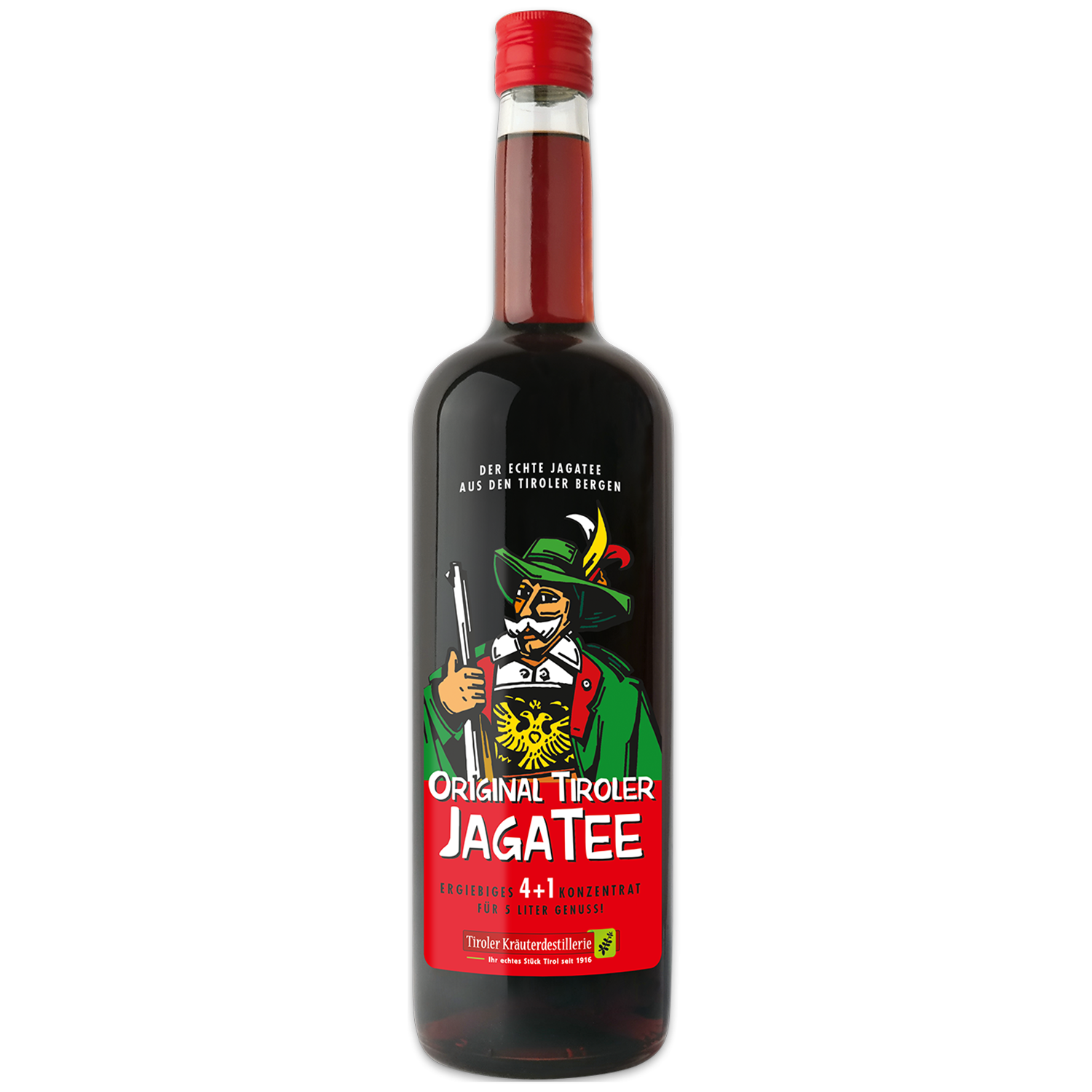Mit Gold ausgezeichneter Jagatee Konzentrat der Tiroler Kräuterdestillerie in der 1 Liter Flasche
