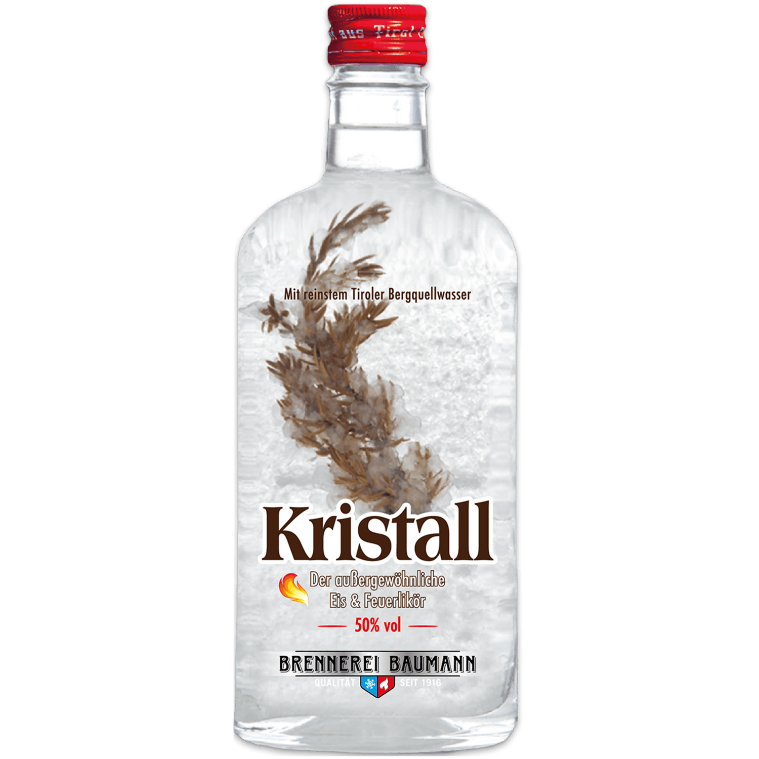 Kristall Wacholder Feuerlikör der Tiroler Brennerei Baumann in edler Flasche