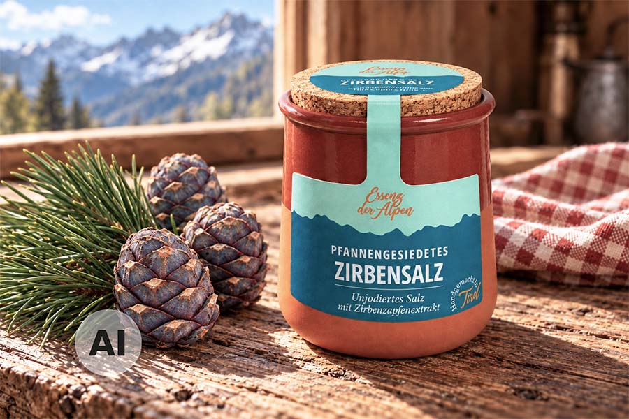 Tiroler Zirbensalz mit Zirbenzapfenextrakt von Essenz der Alpen im Tontöpfchen, neben Zirbenzapfen und Zirbenzweigen vor einer alpinen Berglandschaft.