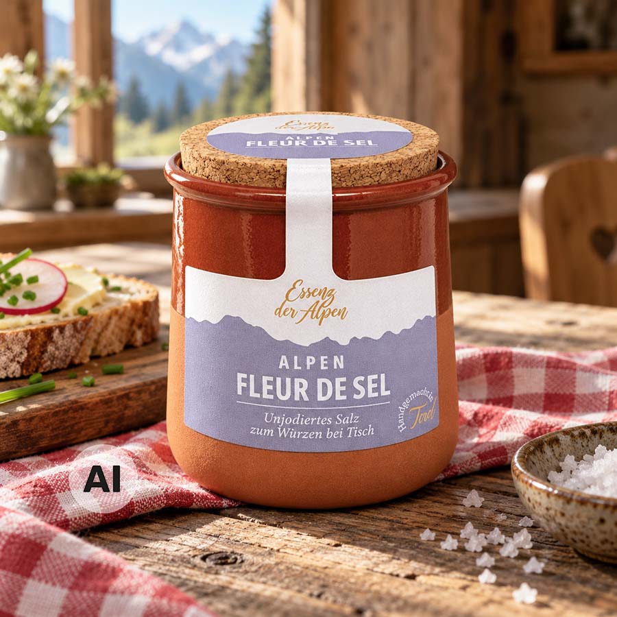 Alpen Fleur de Sel von Essenz der Alpen im Tontöpfchen mit Korkdeckel, auf einem rustikalen Holztisch mit feinen Salzflocken und frischem Bauernbrot.