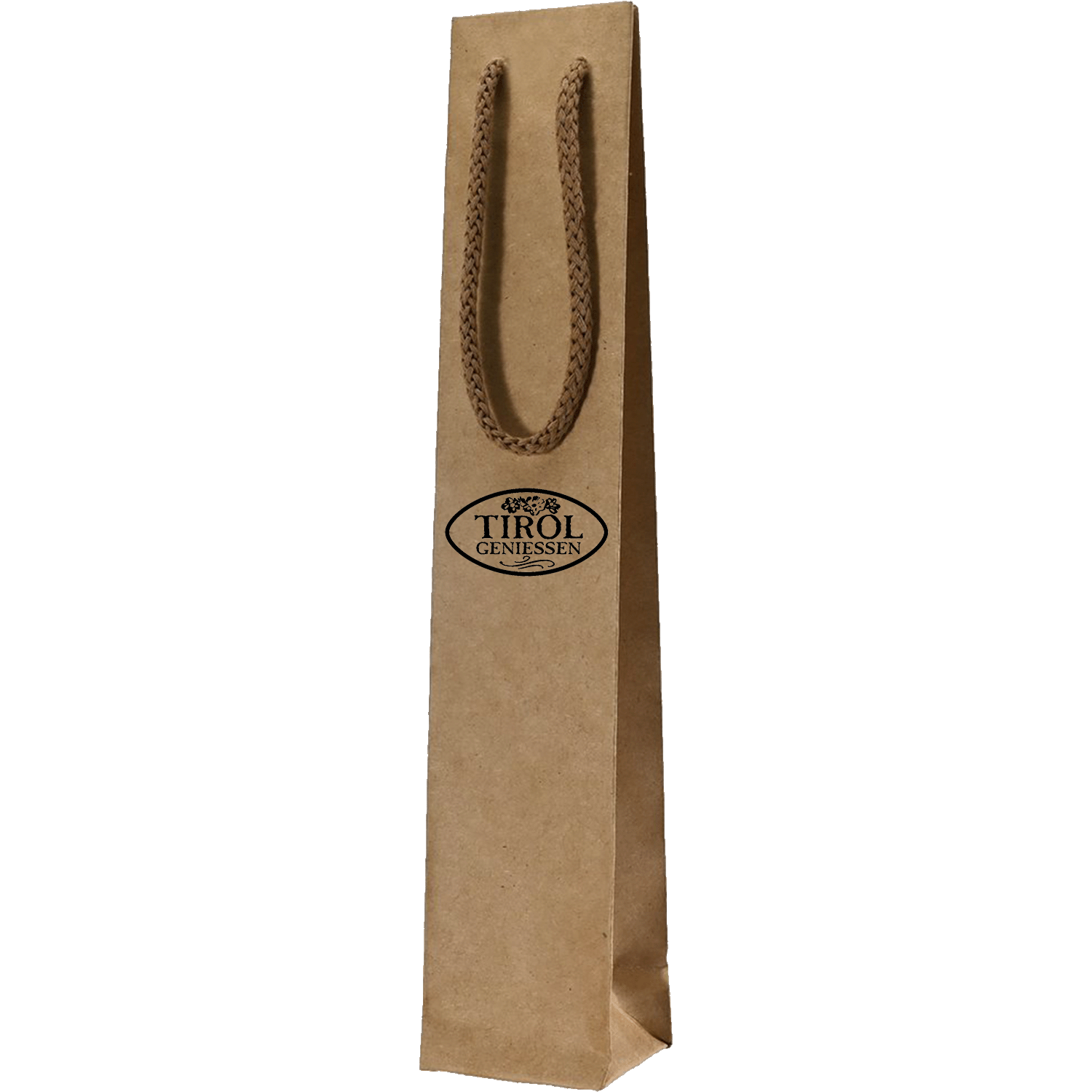 Handgestempelte braune Geschenktasche für Flaschen von Tirol Geniessen
