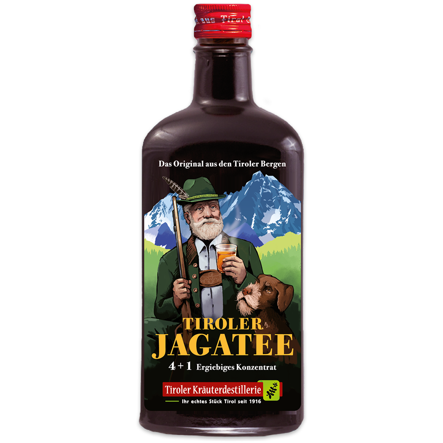 Gold award-winning Jagertea from the Tyrolean Herbal Distillery in a noble bottle