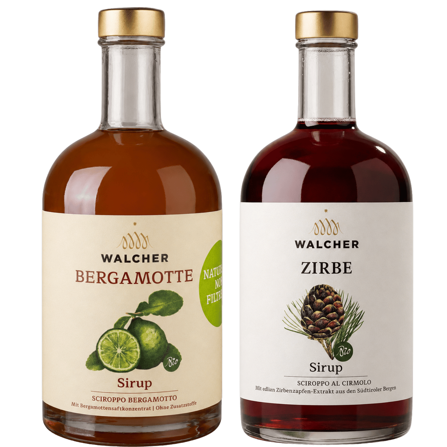 Set aus zwei Flaschen Walcher Bio Sirup - Bergamotten und Zirbensirup aus Südtirol