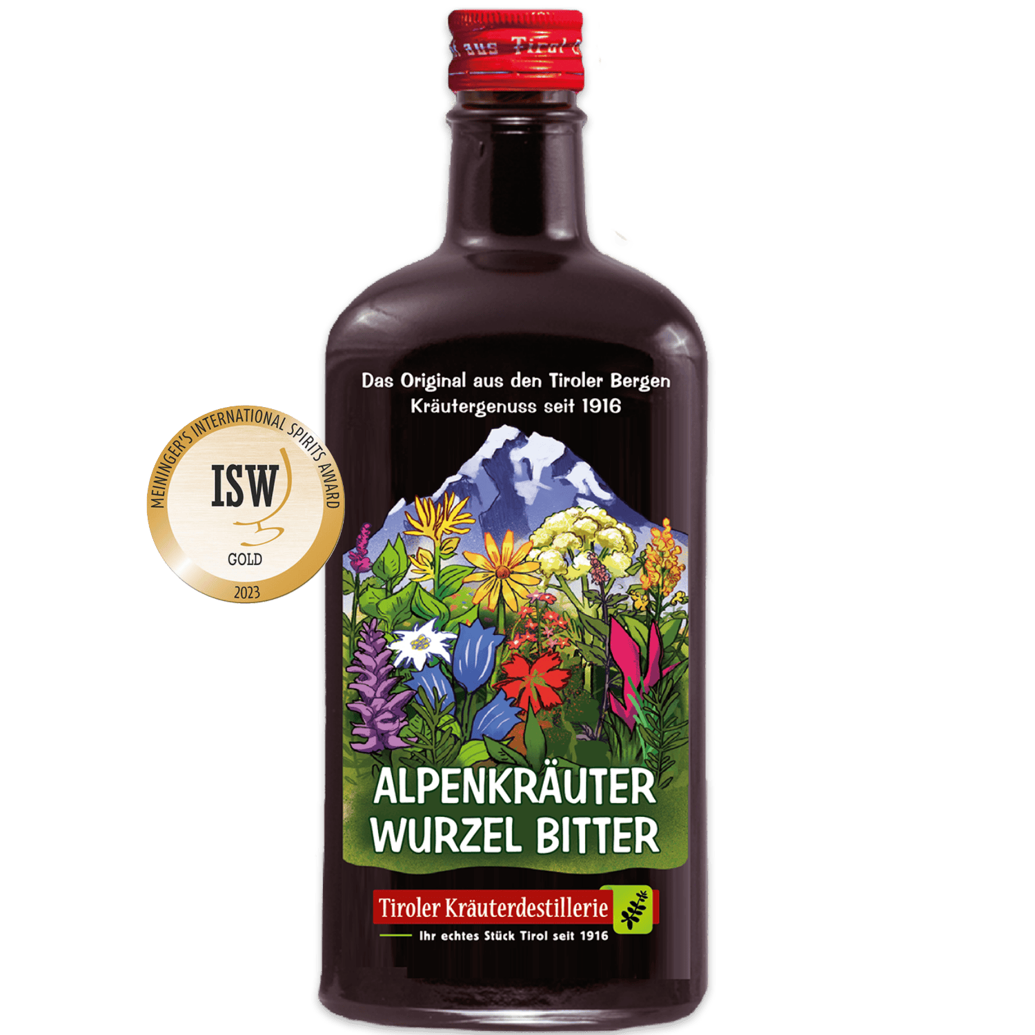 Mit Gold ausgezeichneter Kräuter Bitter der Tiroler Kräuterdestillerie in edler Flasche
