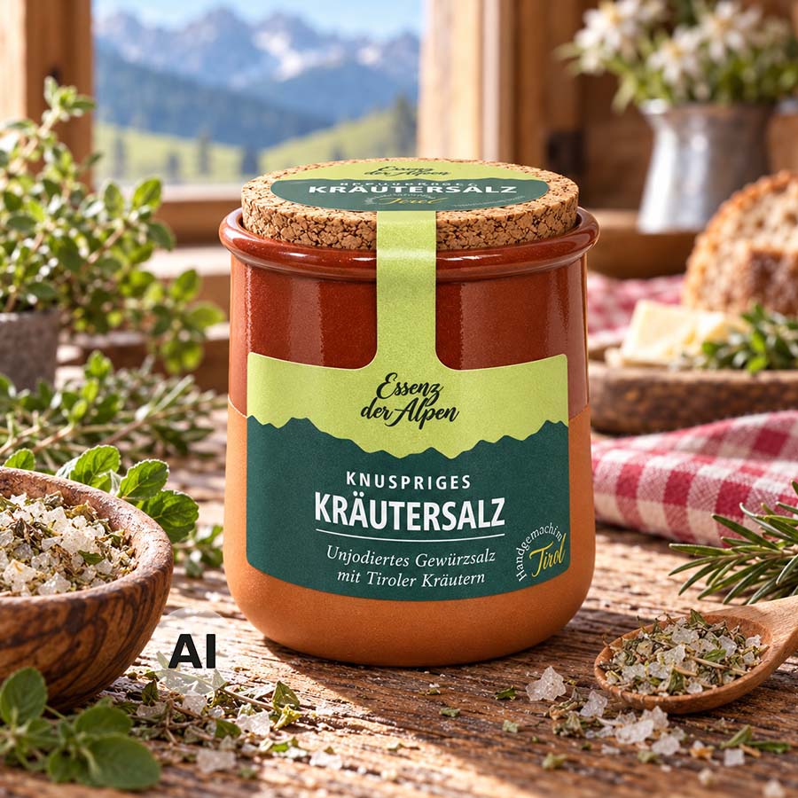 Knuspriges Kräutersalz mit Tiroler Kräutern von Essenz der Alpen im Tontöpfchen, umgeben von frischen Kräutern und Salzkristallen vor alpiner Bergkulisse.