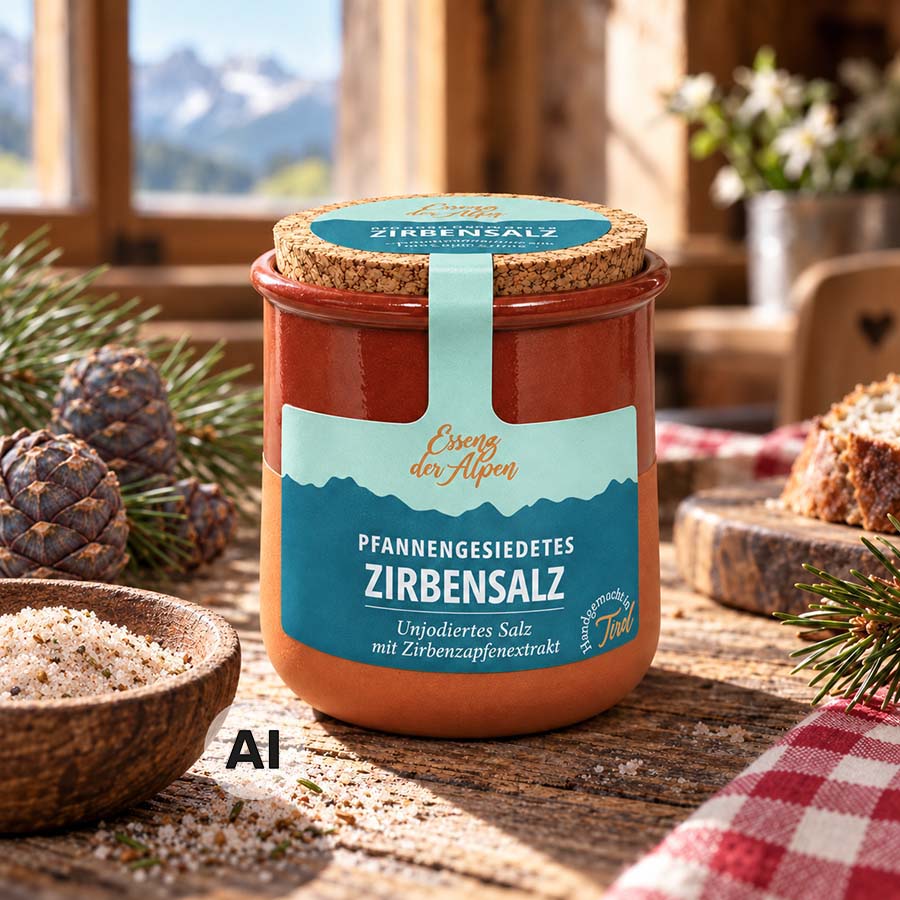 Pfannengesiedetes Zirbensalz mit Zirbenzapfenextrakt von Essenz der Alpen im Tontöpfchen, dekoriert mit Zirbenzapfen, Zirbenzweigen und Salz.