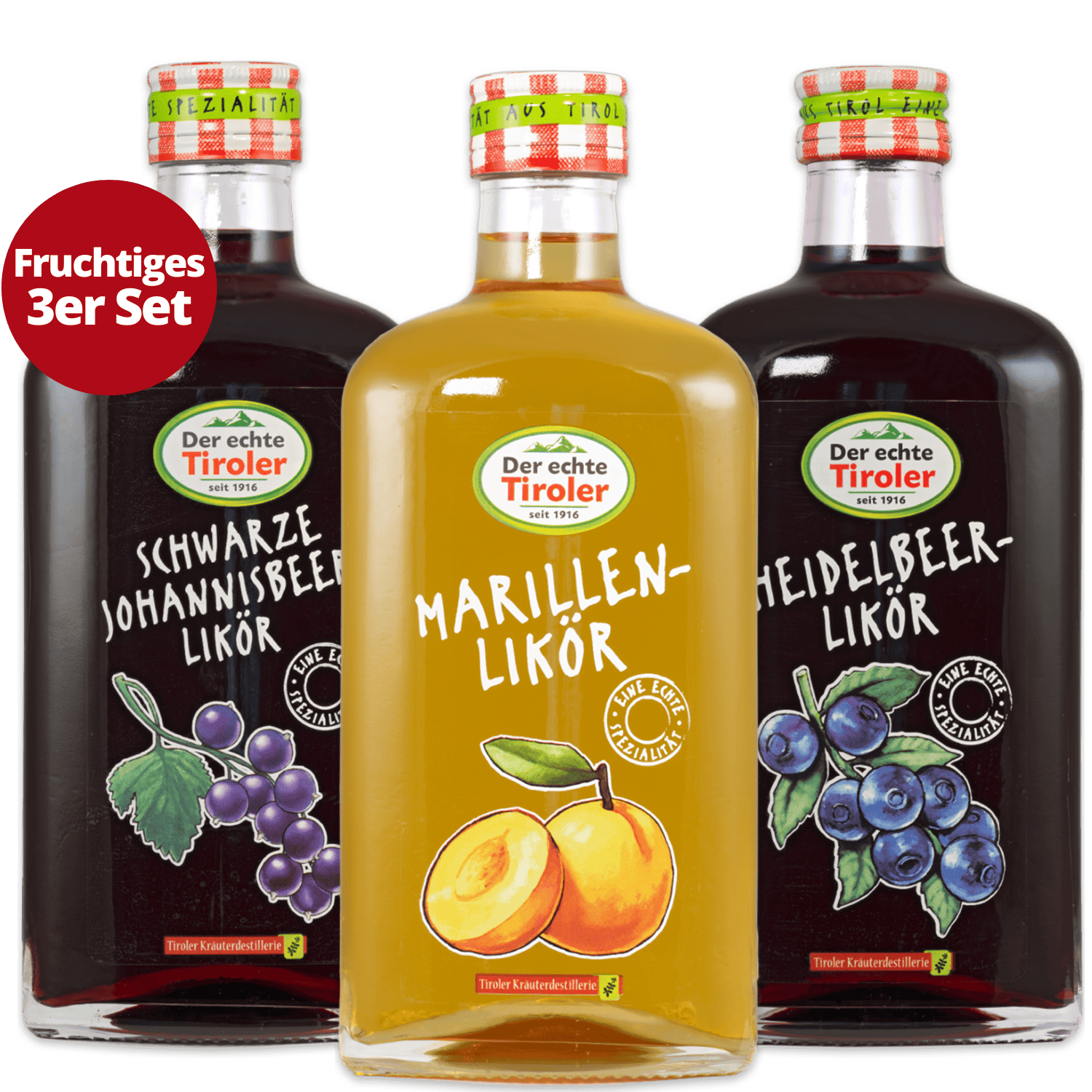 Tiroler Fruchtsaft Likoere im 3er Set Marille Johannisbeere und Heidelbeere 