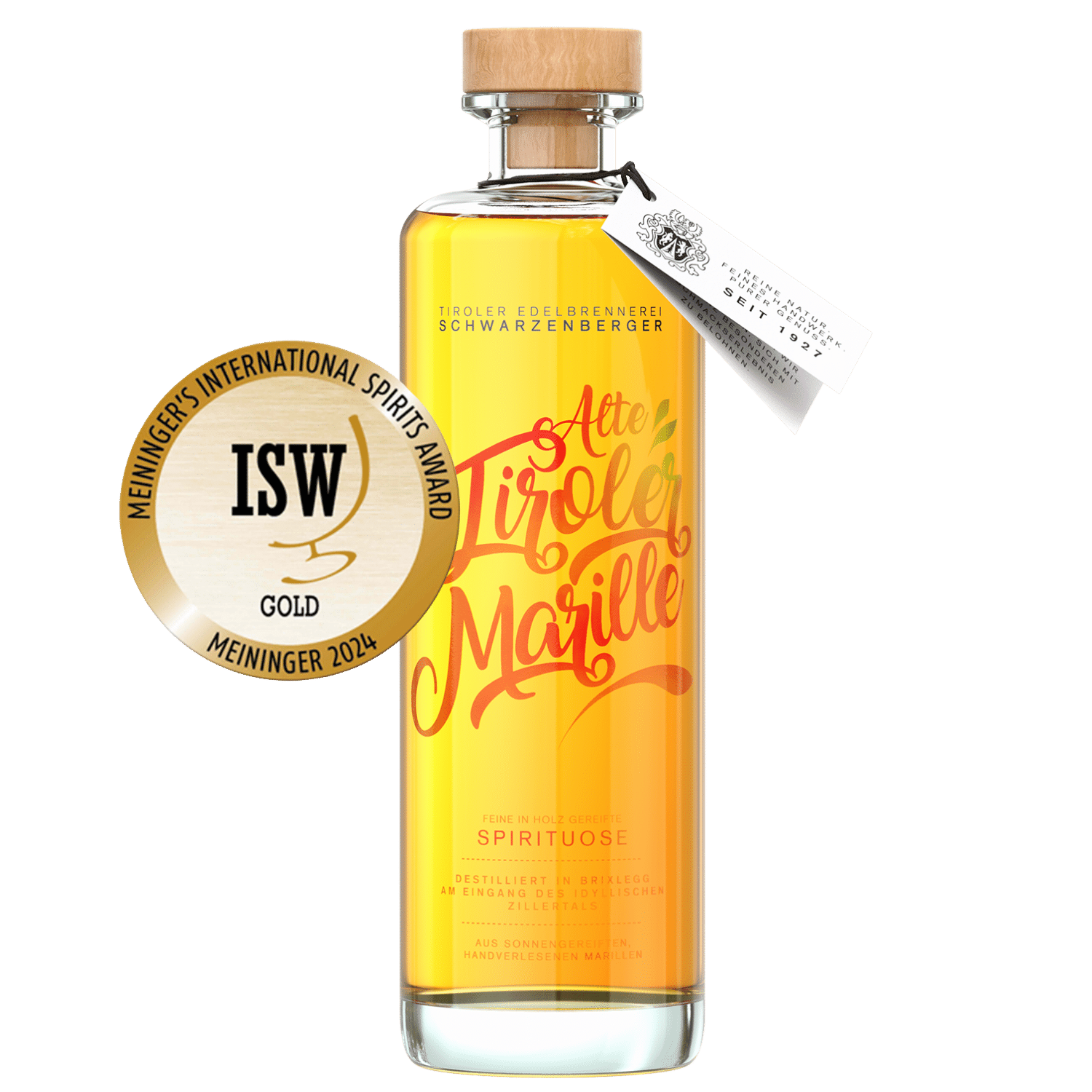 Gold awarded Apricot Schnapps from the Edelbrennerei Schwarzenberger in a noble bottle