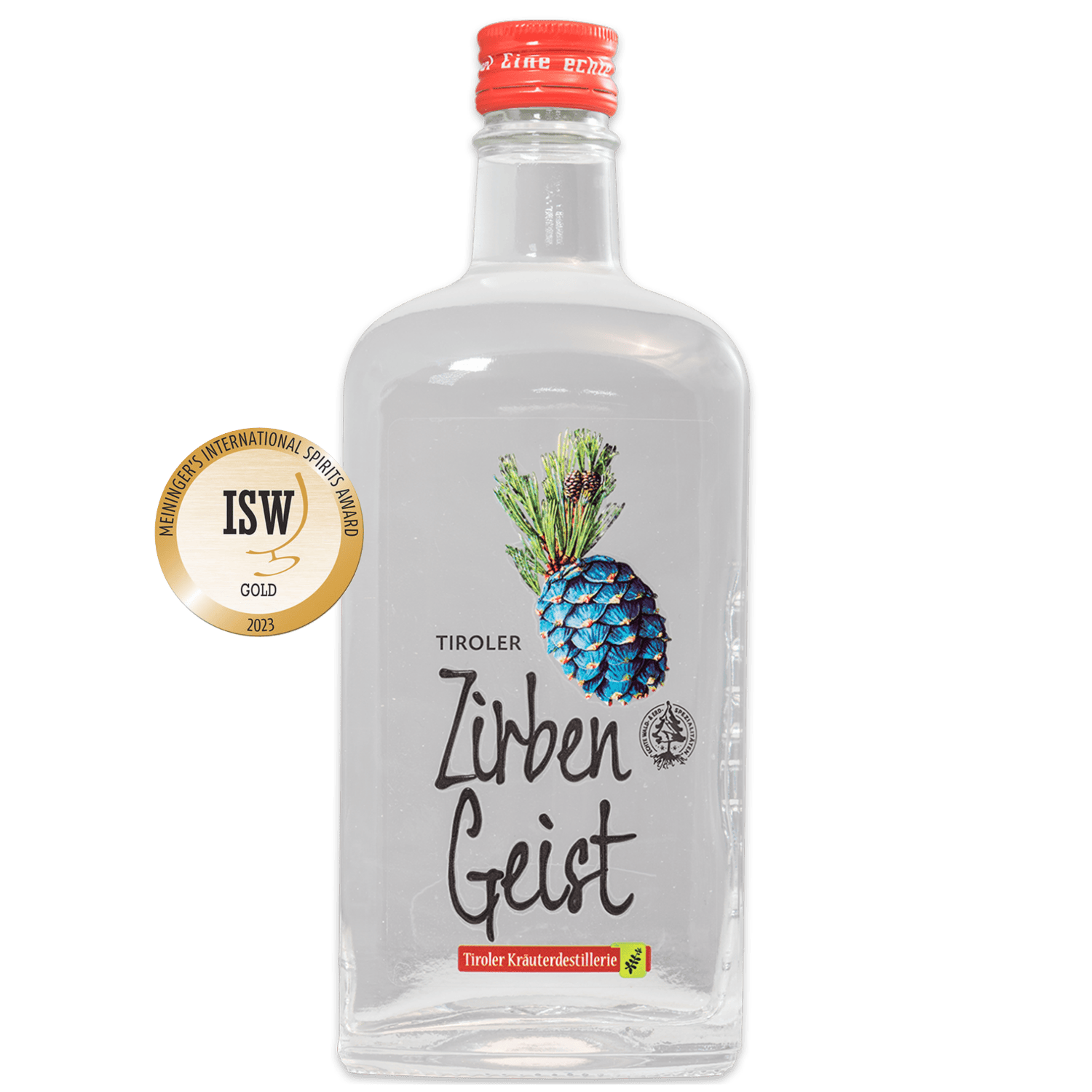 Mit Gold ausgezeichneter Zirben Geist der Tiroler Kräuterdestillerie in edler Flasche